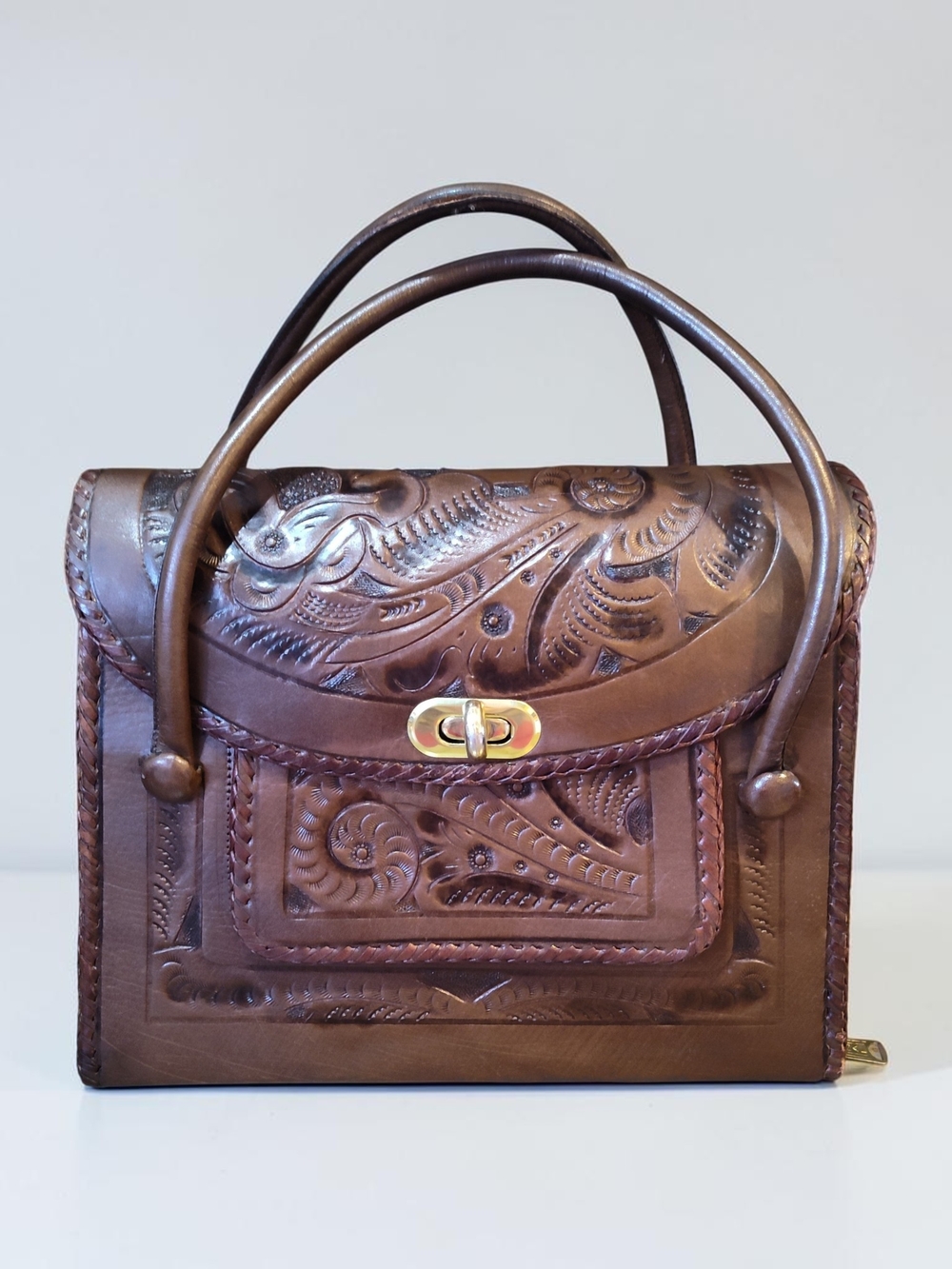 Vintage Hand-Tooled Leather Brown Satchel with Gold-Tone Turn Lock Flap Artisan